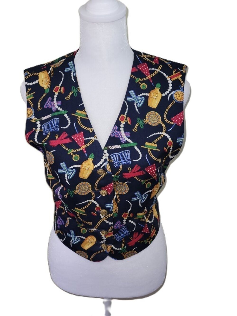 Lizsport Vintage Fashion Accessories Vest Navy Blue Base W/Multicolor Size 4